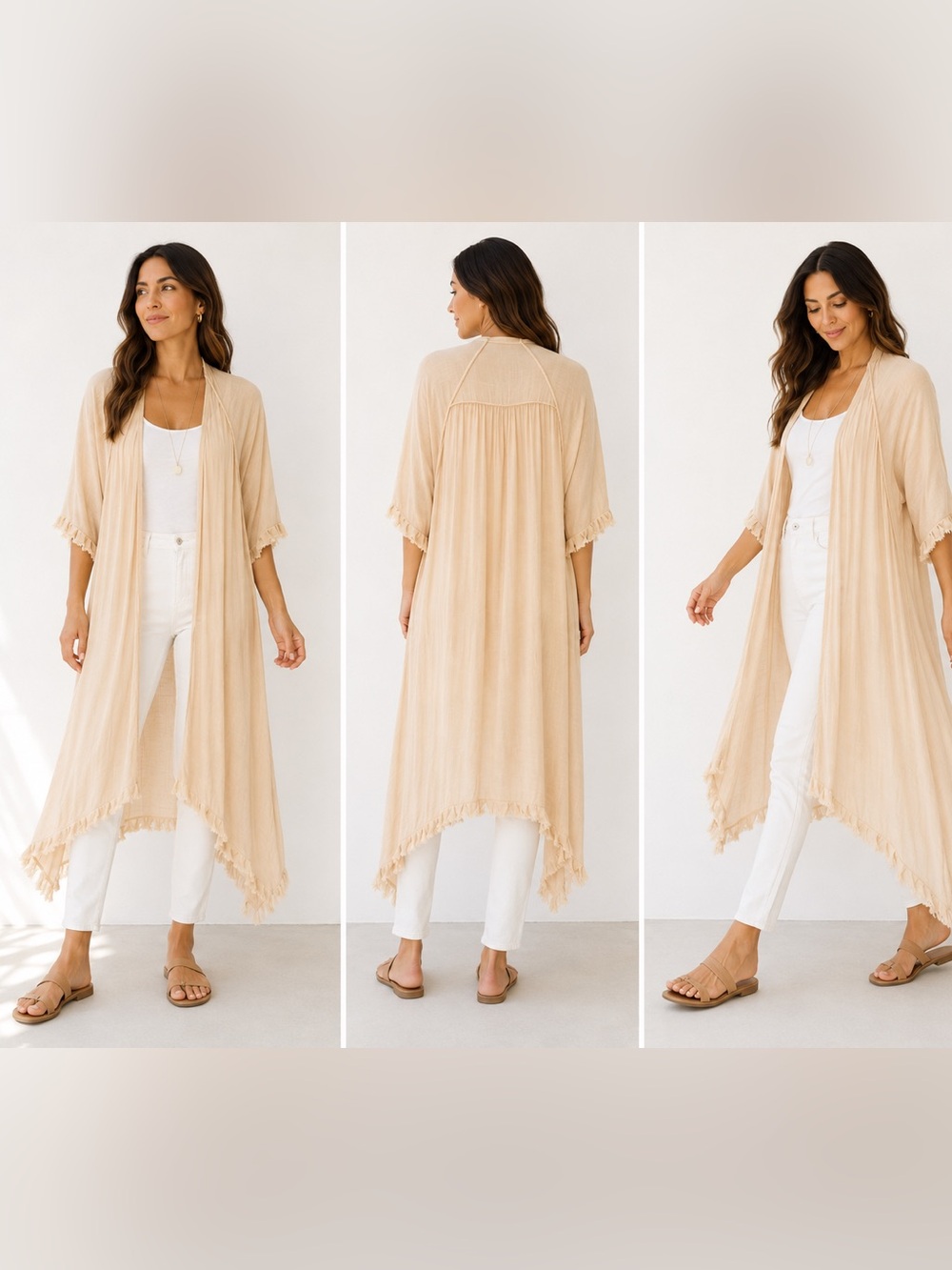 Umgee Light Beige Fringe Open-Front Swim Coverup Kimono M